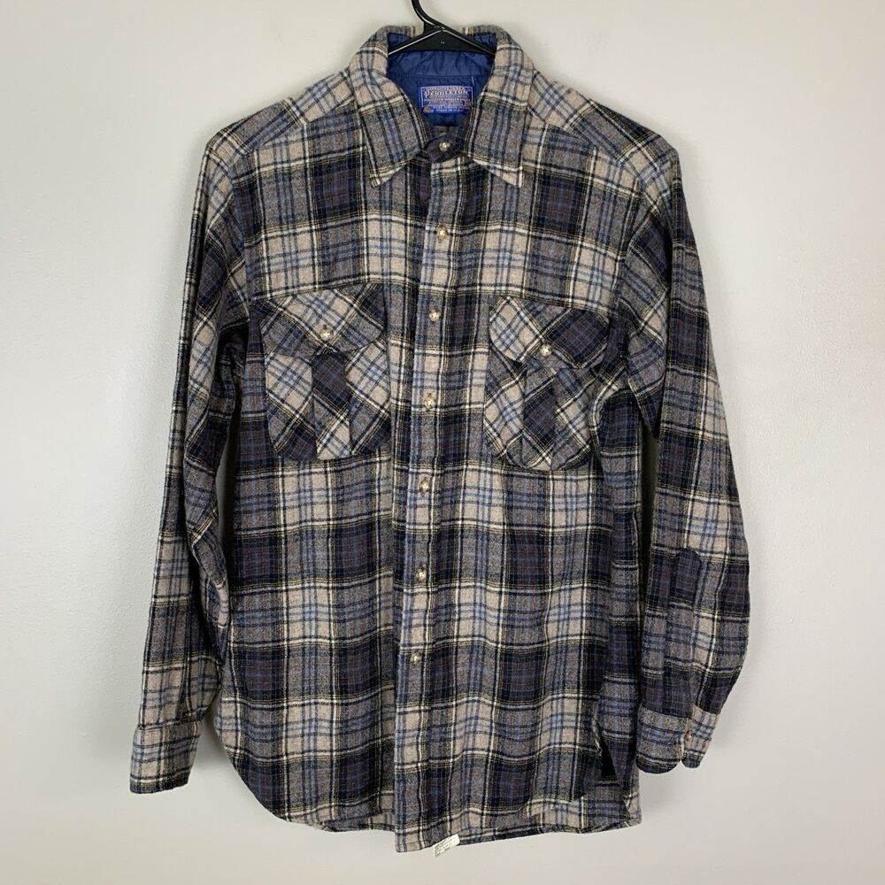 Vintage Pendleton Shirt Mens Medium Plaid 100% Wool Flannel Outdoor Pockets